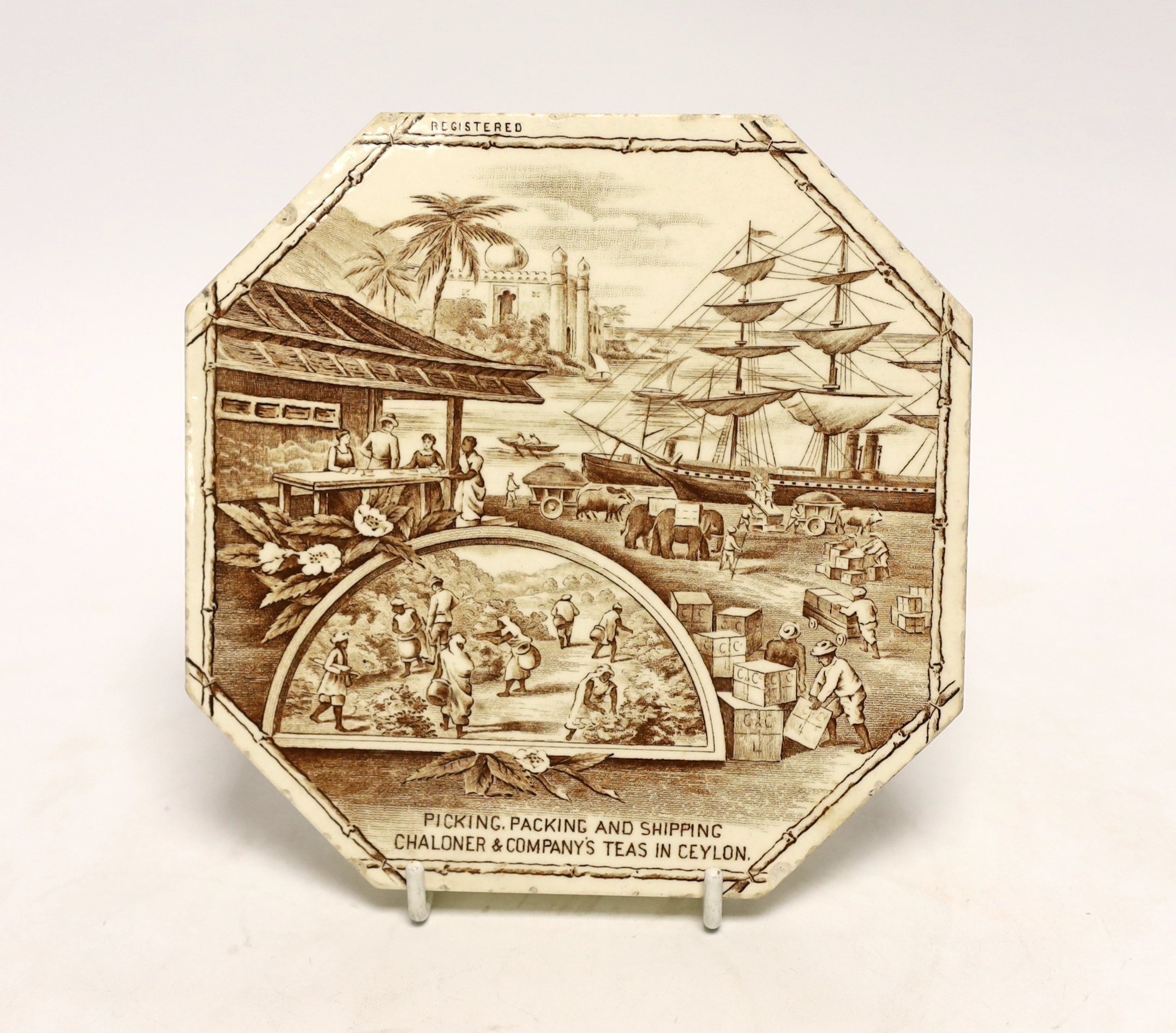 19th century Wedgwood Ceylon Teapot stand / tile, ‘Picking, packing and shipping Chalonee & Company’s Teas in Ceylon, 15.5cm high